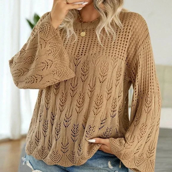 Khaki Casual Womens Pointelle Knit Flare Sleeve Sweater - Picture 4 of 5